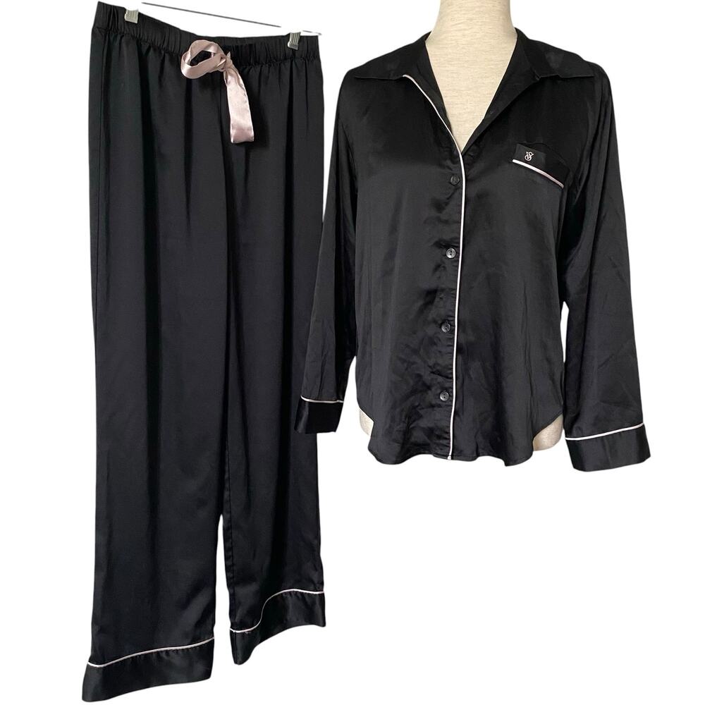 VICTORIA'S SECRET Black Satin Pajama Set Size Small Petite Front Button Preppy